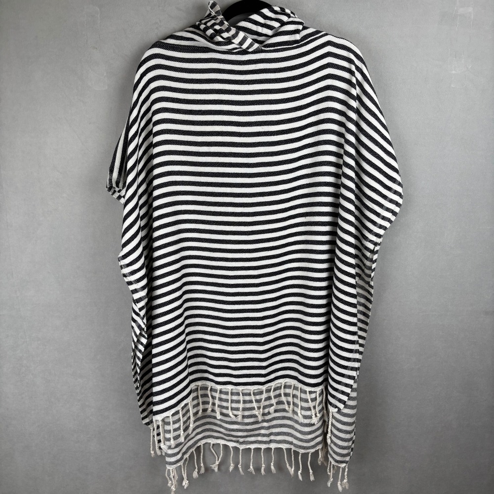 Gold Case Black White Striped Premium Cotton Hooded Poncho Wrap Tassel Turkey OS